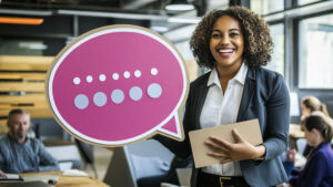 Mulher negra com um balão de feedback com várias reticências dentro