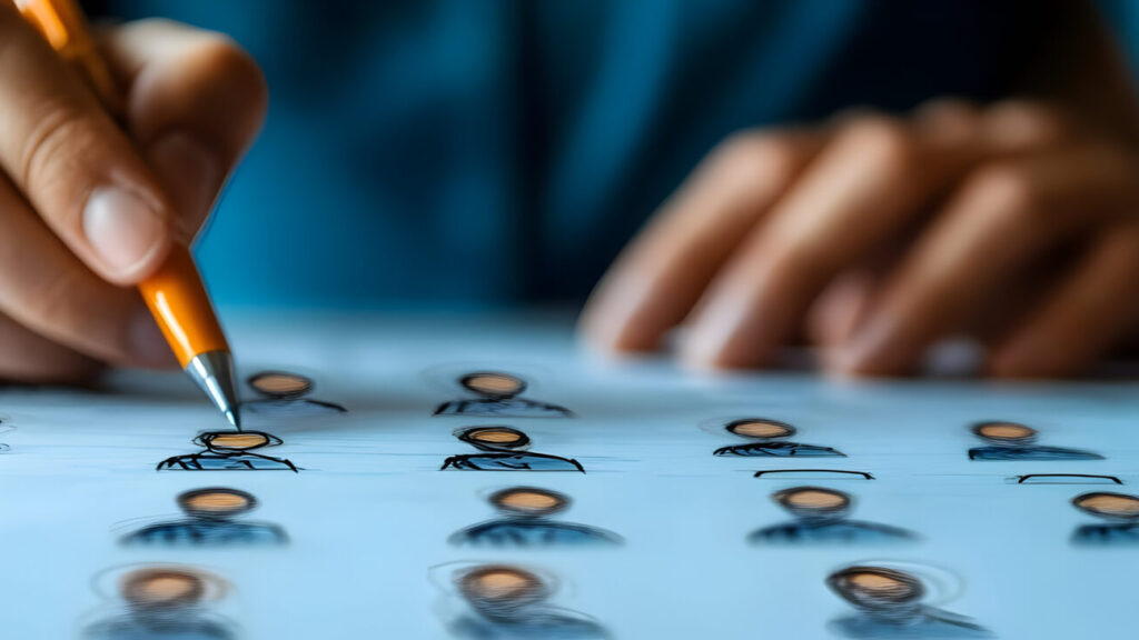 Pessoa usando uma caneta laranja para destacar figuras representando candidatos em uma folha de papel, simbolizando o processo de seleção de candidatos em recrutamento.